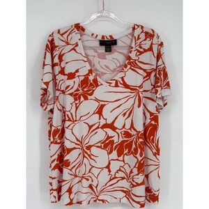 Venezia Women's V Neck Sz 22/24/Short Sleeve Floral Print Tunic Top Red‎ White